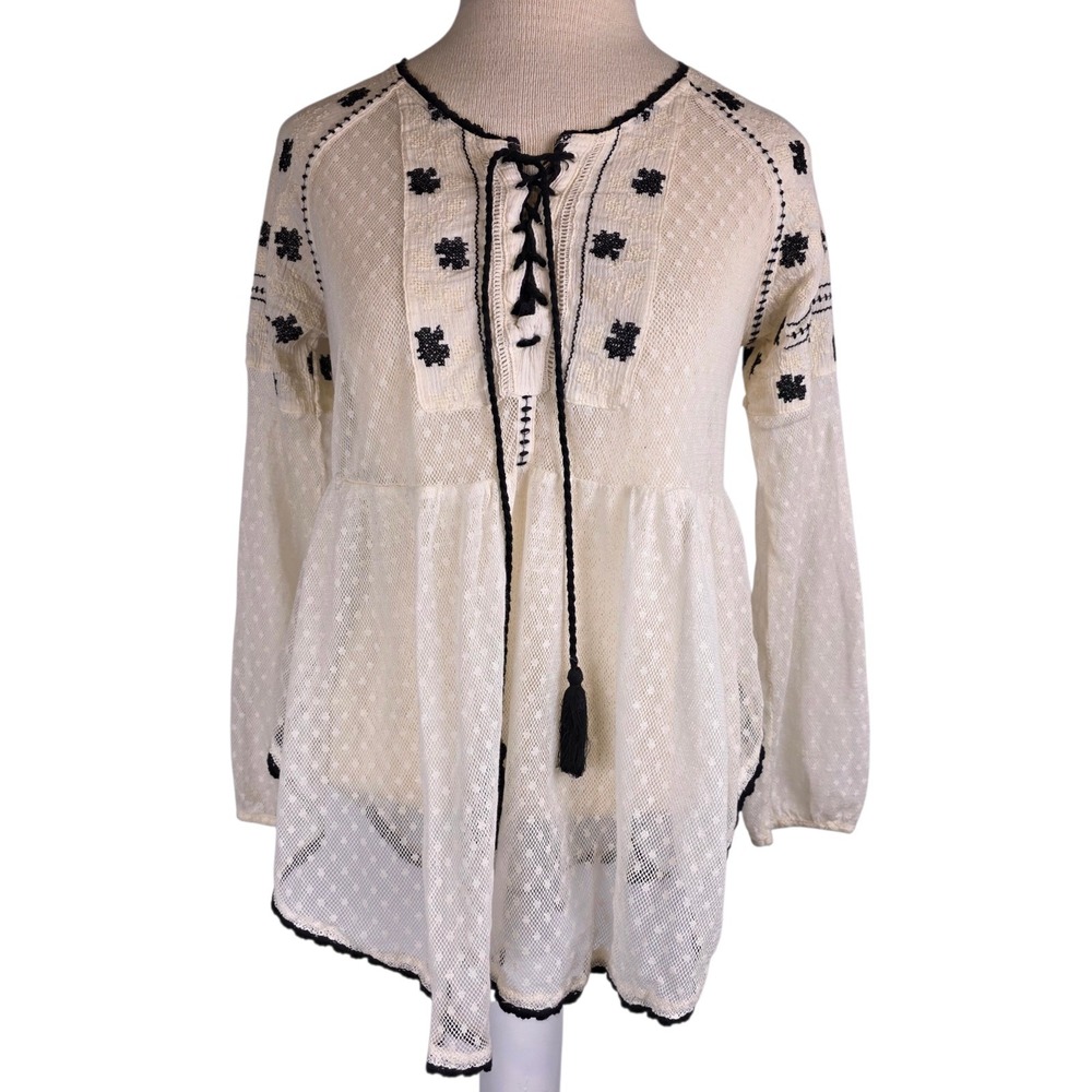 Free People Star Dust Peasant Blouse XS Cream Swiss Dot Mesh Embroidered Hippie